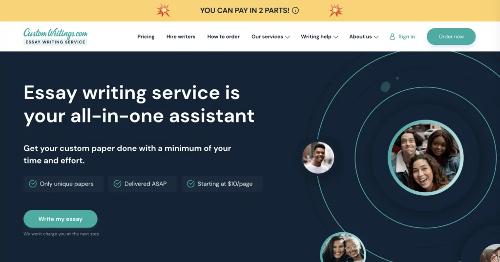 A screenshot of the CustomWritings homepage from the list of homework help websites